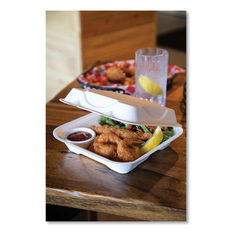 Vanguard Renewable and Compostable Sugarcane Clamshells, 9 x 9 x 3, White, 200/Carton