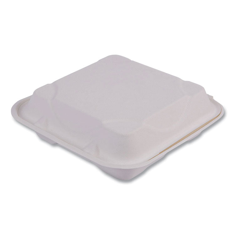 Vanguard Renewable and Compostable Sugarcane Clamshells, 3 Compartments, 9 x 9 x 3, White, 200/Carton