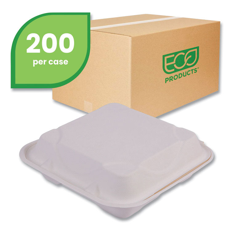 Vanguard Renewable and Compostable Sugarcane Clamshells, 3 Compartments, 9 x 9 x 3, White, 200/Carton