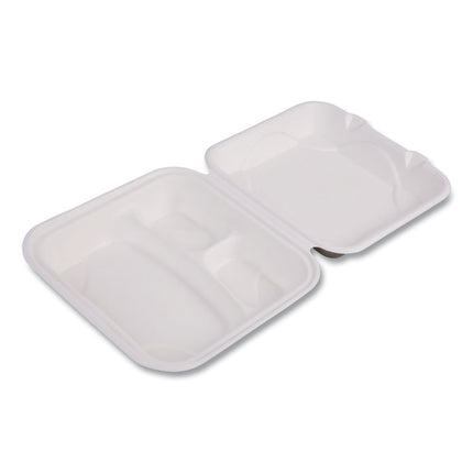 Vanguard Renewable and Compostable Sugarcane Clamshells, 3 Compartments, 9 x 9 x 3, White, 200/Carton