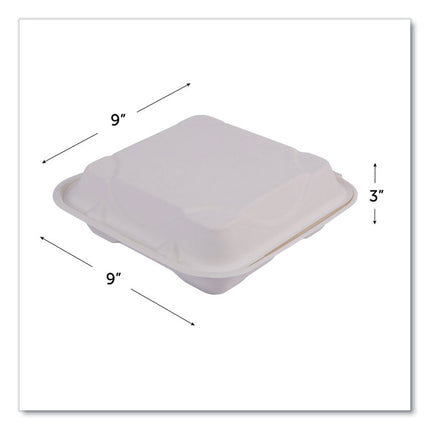 Vanguard Renewable and Compostable Sugarcane Clamshells, 3 Compartments, 9 x 9 x 3, White, 200/Carton