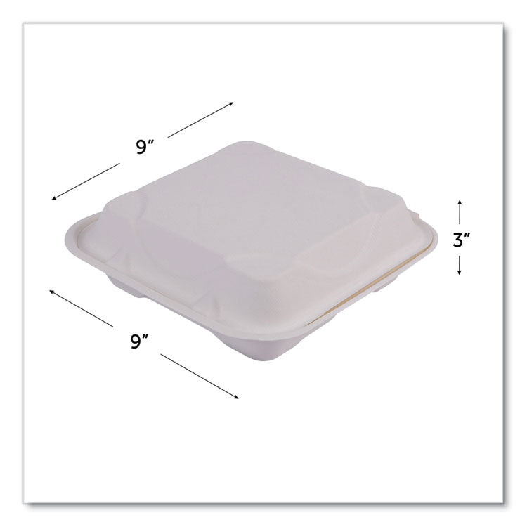 Vanguard Renewable and Compostable Sugarcane Clamshells, 3 Compartments, 9 x 9 x 3, White, 200/Carton