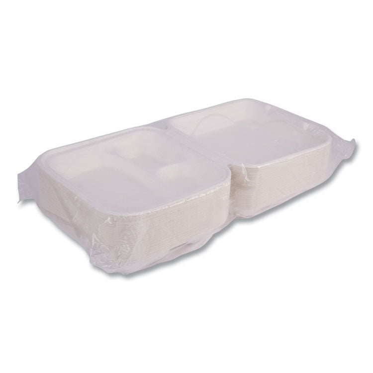 Vanguard Renewable and Compostable Sugarcane Clamshells, 3 Compartments, 9 x 9 x 3, White, 200/Carton