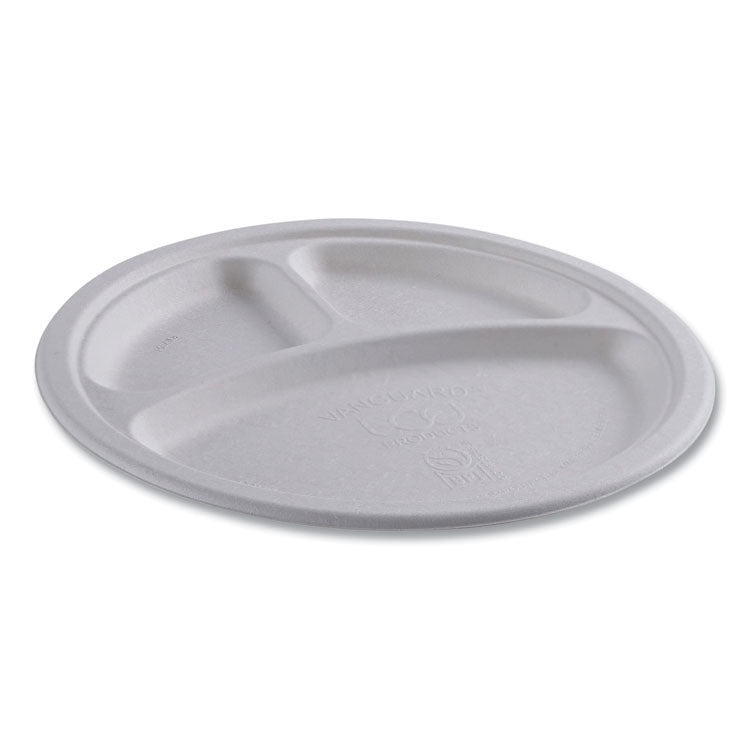 Vanguard Renewable and Compostable Sugarcane Plates, 3-Compartment Plate, 10" dia, White, 500/Carton