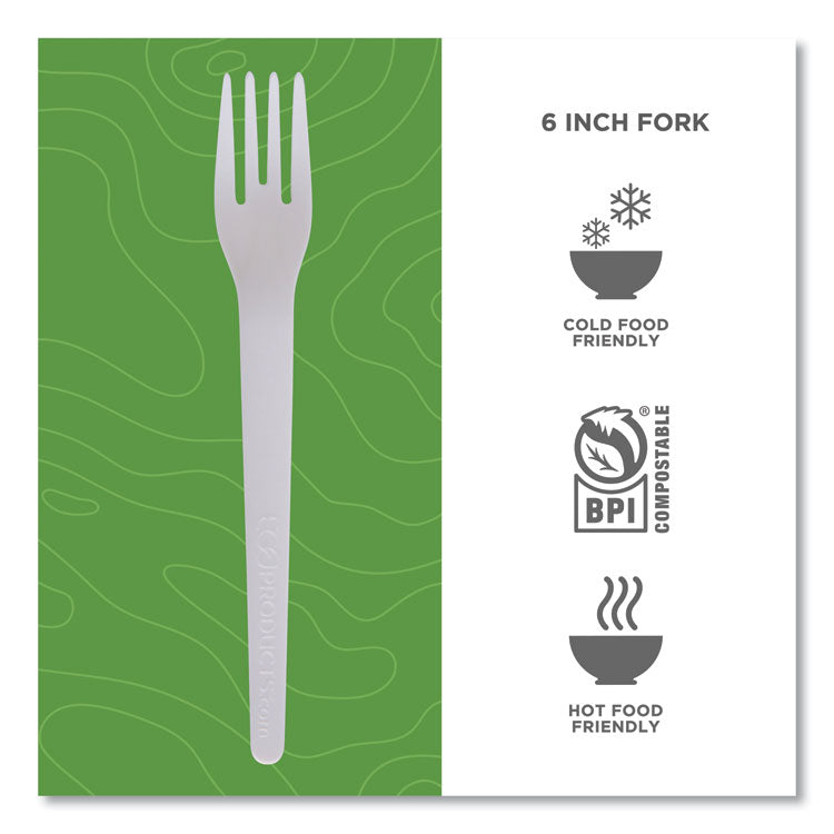 Plantware Compostable Cutlery, Fork, Plastic, Pearl White, 50/Pack, 20 Packs/Carton