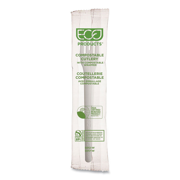 Plantware Compostable Cutlery, Fork, Plastic, White, 1,000/Carton
