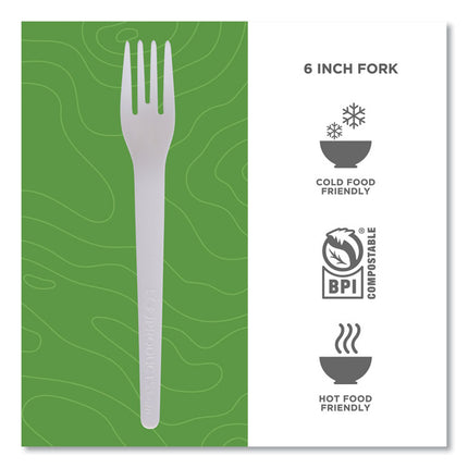 Plantware Compostable Cutlery, Fork, Plastic, White, 1,000/Carton