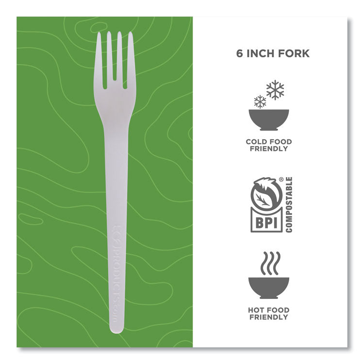 Plantware Compostable Cutlery, Fork, Plastic, White, 1,000/Carton