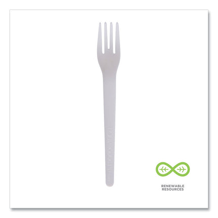 Plantware Compostable Cutlery, Fork, Plastic, White, 1,000/Carton