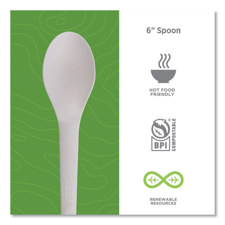 Plantware Compostable Cutlery, Spoon, Plastic, White, 1,000/Carton