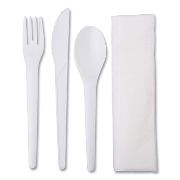 Plantware Compostable Cutlery Kit, Fork/Knife/Napkin/Spoon, Pearl White, 250 Kits/Carton