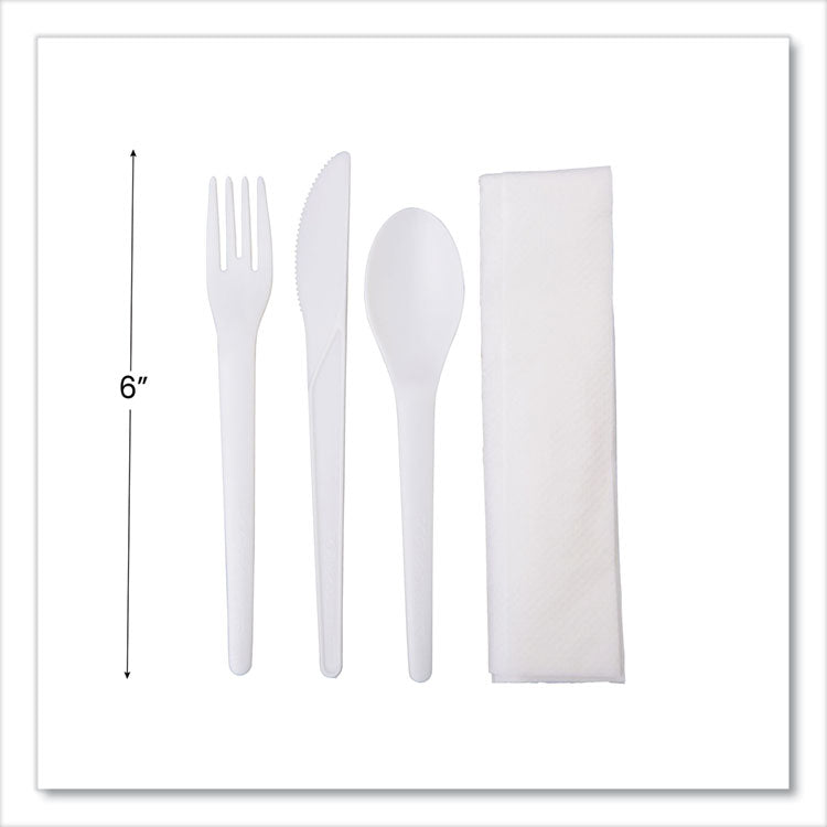 Plantware Compostable Cutlery Kit, Fork/Knife/Napkin/Spoon, Pearl White, 250 Kits/Carton