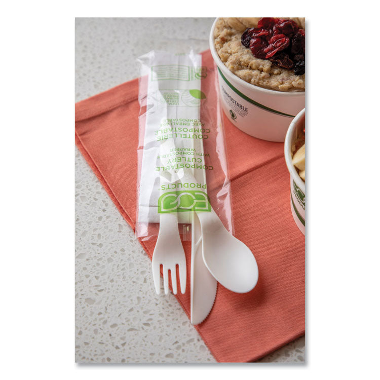 Plantware Compostable Cutlery Kit, Fork/Knife/Napkin/Spoon, Pearl White, 250 Kits/Carton