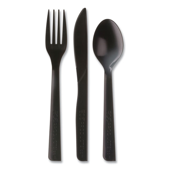 100% Recycled Content Cutlery Kit, Heavyweight Fork/Knife/Soup Spoon/Spoon, Plastic, Black, 250/Carton