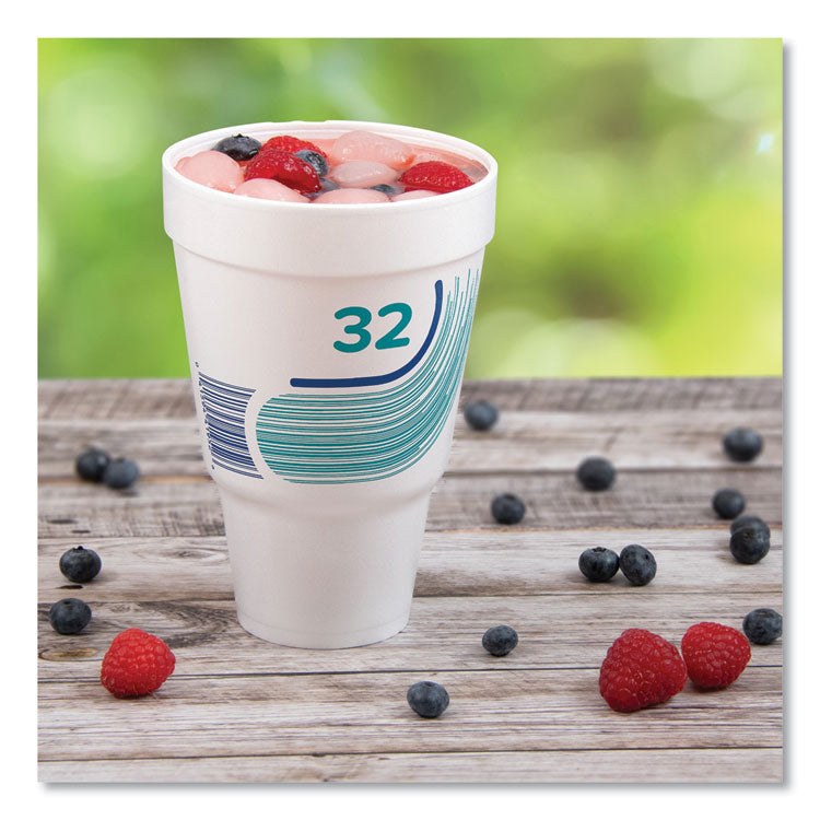 Breeze Hot/Cold Insulated Foam Drinking Cups, Squat Pedestal Cup, 32 oz, Teal/White/Blue, 500/Carton