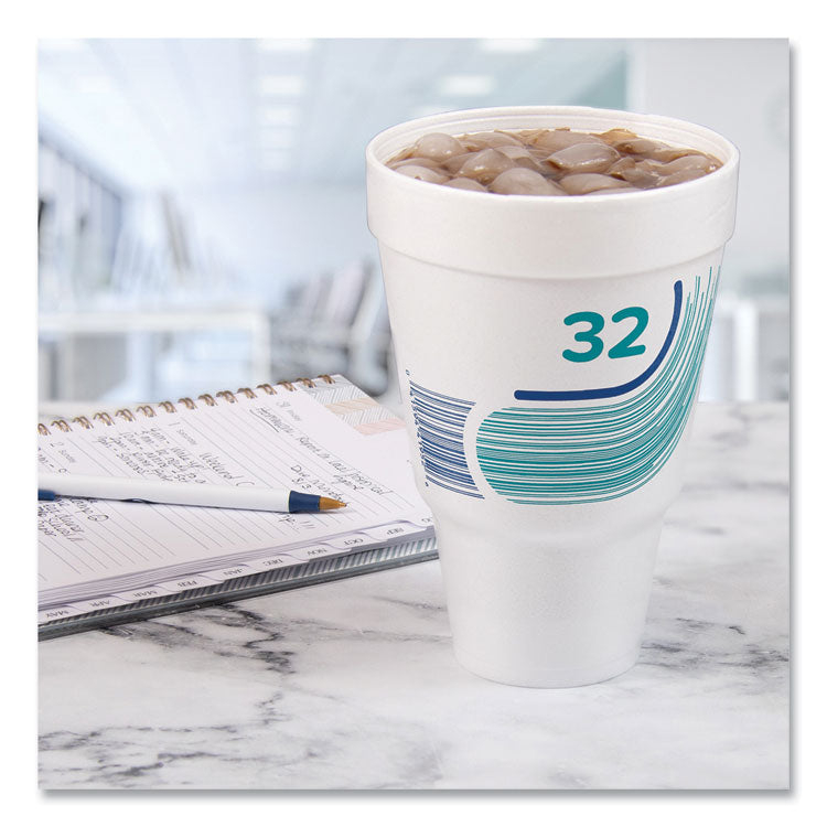 Breeze Hot/Cold Insulated Foam Drinking Cups, Squat Pedestal Cup, 32 oz, Teal/White/Blue, 500/Carton