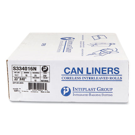 High-Density Commercial Can Liners, 33 gal, 16 mic, 33" x 40", Clear, Interleaved Roll, 25 Bags/Roll, 10 Rolls/Carton
