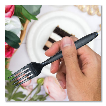 Impress Heavyweight Full-Length Polystyrene Cutlery, Individually Wrapped, Fork, Plastic, Black, 1,000/Carton