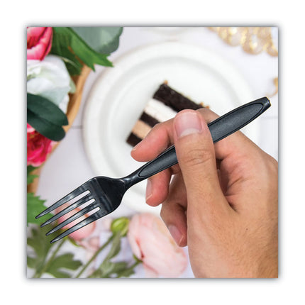 Impress Heavyweight Full-Length Polystyrene Cutlery, Individually Wrapped, Fork, Plastic, Black, 1,000/Carton