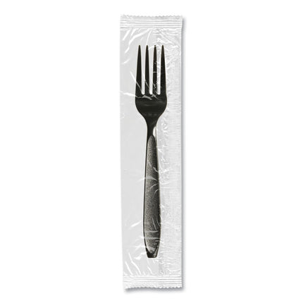 Impress Heavyweight Full-Length Polystyrene Cutlery, Individually Wrapped, Fork, Plastic, Black, 1,000/Carton
