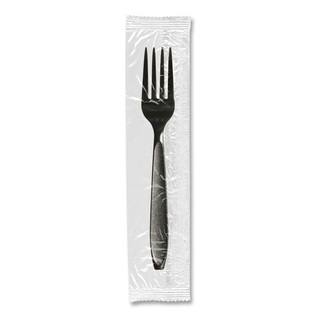 Impress Heavyweight Full-Length Polystyrene Cutlery, Individually Wrapped, Fork, Plastic, Black, 1,000/Carton