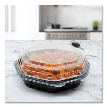 OctaView Hinged-Lid Hot Food Containers, 7.47 x 7.94 x 3.11, Black/Clear, Plastic, 100/Carton