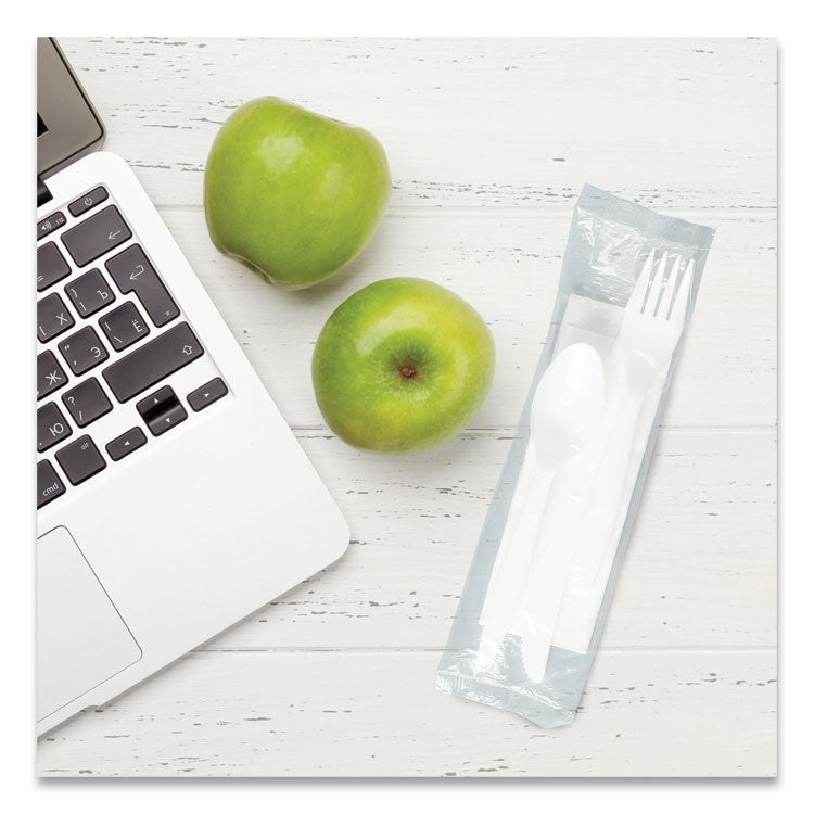 Regal Mediumweight Cutlery Kit, Individually Wrapped, Fork/Knife/Napkin/Spoon, Plastic, White, 250/Carton