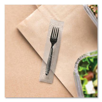 Impress Heavyweight Full-Length Polystyrene Cutlery, Individually Wrapped, Fork, Plastic, Black, 1,000/Carton