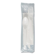 Regal Mediumweight Cutlery Kit, Individually Wrapped, Fork/Knife/Napkin/Spoon, Plastic, White, 250/Carton