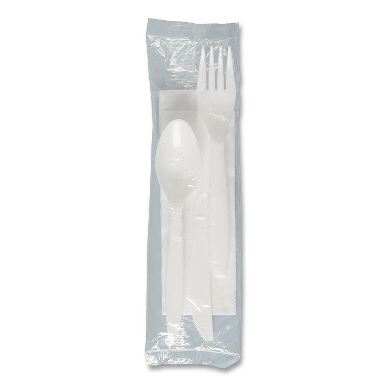 Regal Mediumweight Cutlery Kit, Individually Wrapped, Fork/Knife/Napkin/Spoon, Plastic, White, 250/Carton