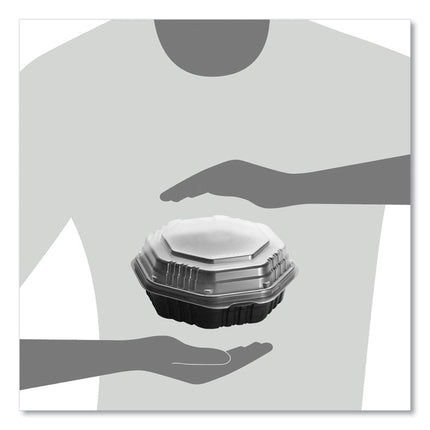 OctaView Hinged-Lid Hot Food Containers, 7.47 x 7.94 x 3.11, Black/Clear, Plastic, 100/Carton