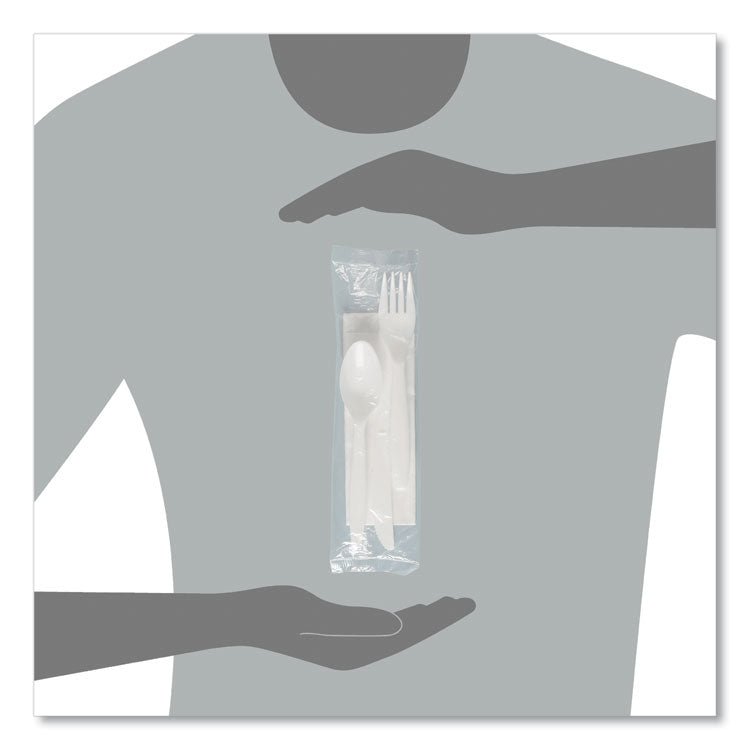 Regal Mediumweight Cutlery Kit, Individually Wrapped, Fork/Knife/Napkin/Spoon, Plastic, White, 250/Carton