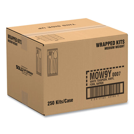 Regal Mediumweight Cutlery Kit, Individually Wrapped, Fork/Knife/Napkin/Spoon, Plastic, White, 250/Carton