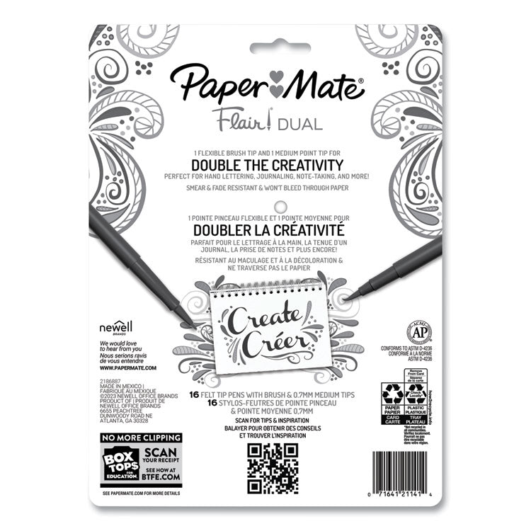 Flair Dual Tip Multi-Tip Porous Point Pen, Stick, Medium 0.7 mm Bullet, Assorted Ink and Barrel Colors, 16/Pack