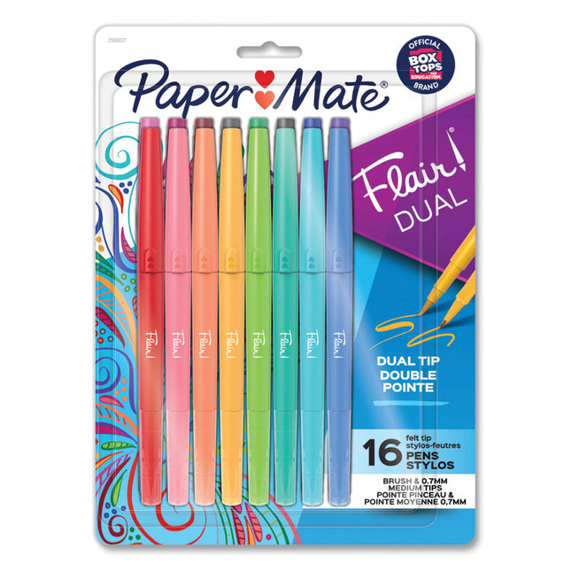 Flair Dual Tip Multi-Tip Porous Point Pen, Stick, Medium 0.7 mm Bullet, Assorted Ink and Barrel Colors, 16/Pack