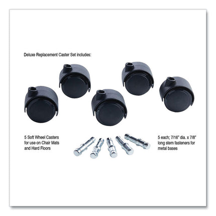 Deluxe Duet Soft-Wheel Casters, 0.44" x 0.88" Grip Ring Type B Stems, 2" Polyurethane Wheels, Matte Black, 5/Set
