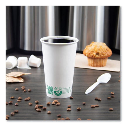 Compostable Paper Hot Cups, 16 oz, White/Green, 1,000/Carton
