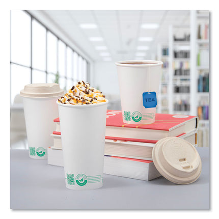Compostable Paper Hot Cups, 16 oz, White/Green, 1,000/Carton