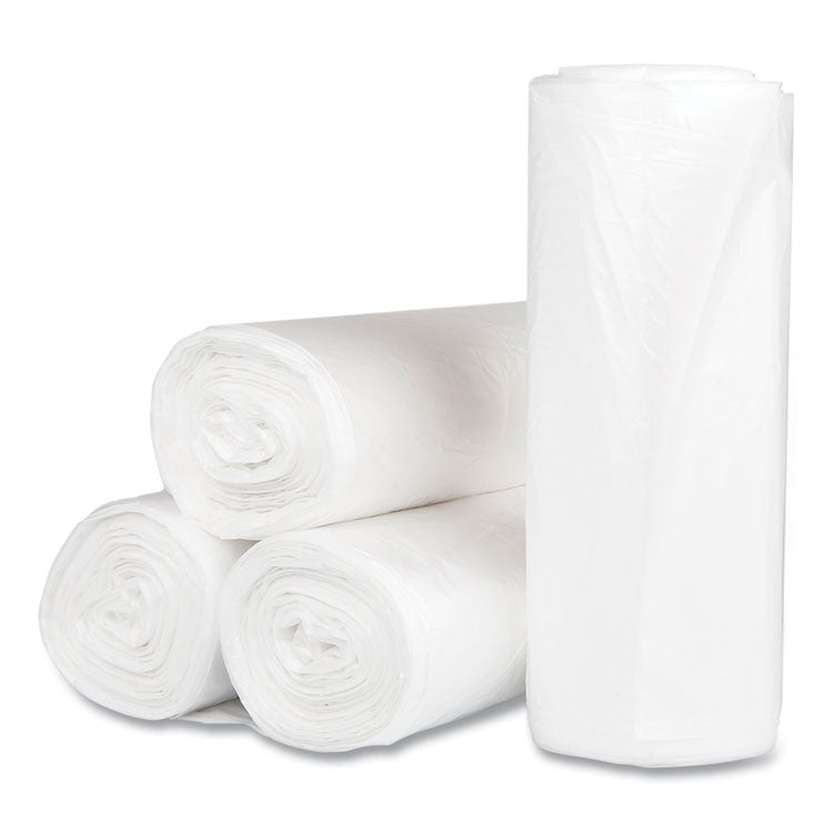 High-Density Commercial Can Liners, 60 gal, 17 mic, 38" x 60", Clear, Interleaved Roll, 25 Bags/Roll, 8 Rolls/Carton