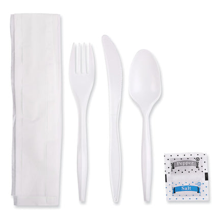 Cutlery Kit, Mediumweight, Fork/Knife/Napkin/Pepper/Salt/Spoon, Plastic, White, 250/Carton