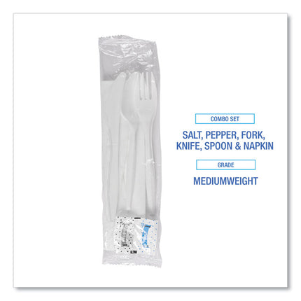 Cutlery Kit, Mediumweight, Fork/Knife/Napkin/Pepper/Salt/Spoon, Plastic, White, 250/Carton