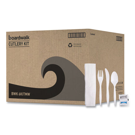 Cutlery Kit, Mediumweight, Fork/Knife/Napkin/Pepper/Salt/Spoon, Plastic, White, 250/Carton