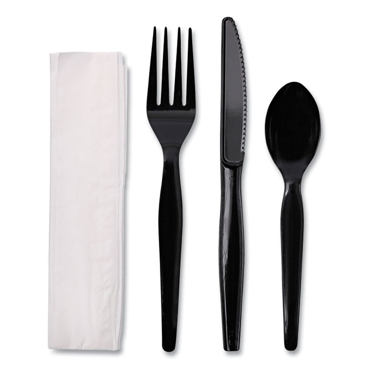 Four-Piece Cutlery Kit, Heavyweight, Fork/Knife/Napkin/Spoon, Plastic, Black, 250/Carton
