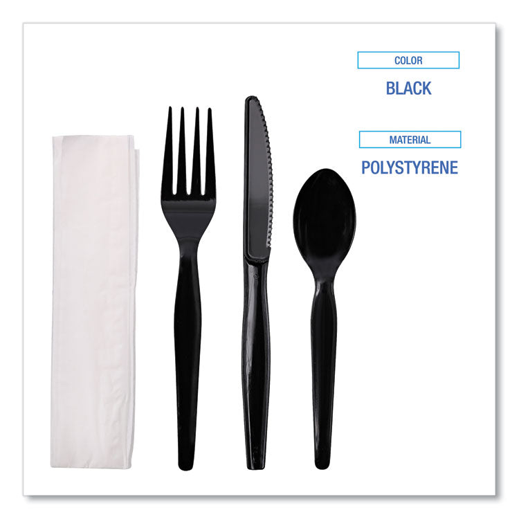 Four-Piece Cutlery Kit, Heavyweight, Fork/Knife/Napkin/Spoon, Plastic, Black, 250/Carton