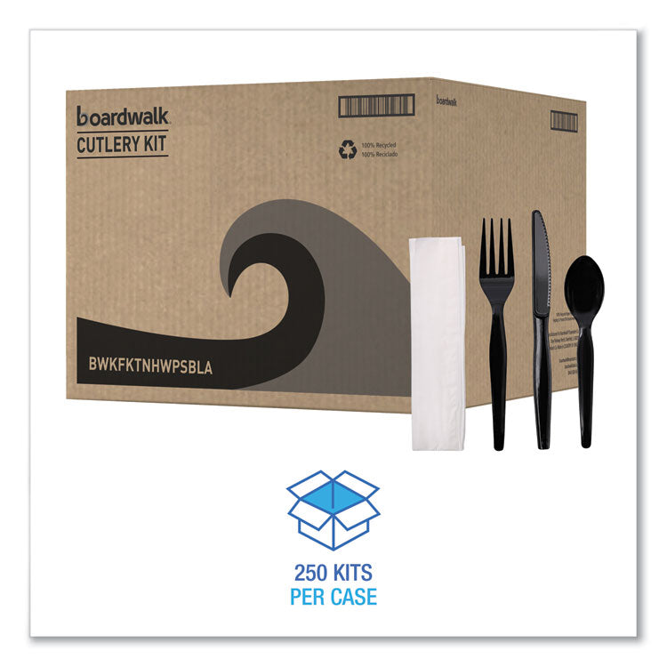 Four-Piece Cutlery Kit, Heavyweight, Fork/Knife/Napkin/Spoon, Plastic, Black, 250/Carton