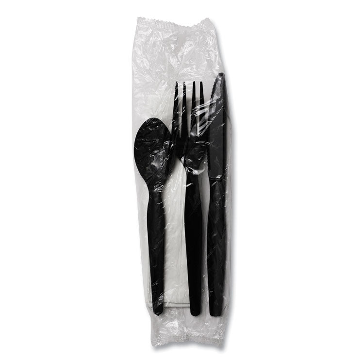 Four-Piece Cutlery Kit, Heavyweight, Fork/Knife/Napkin/Spoon, Plastic, Black, 250/Carton