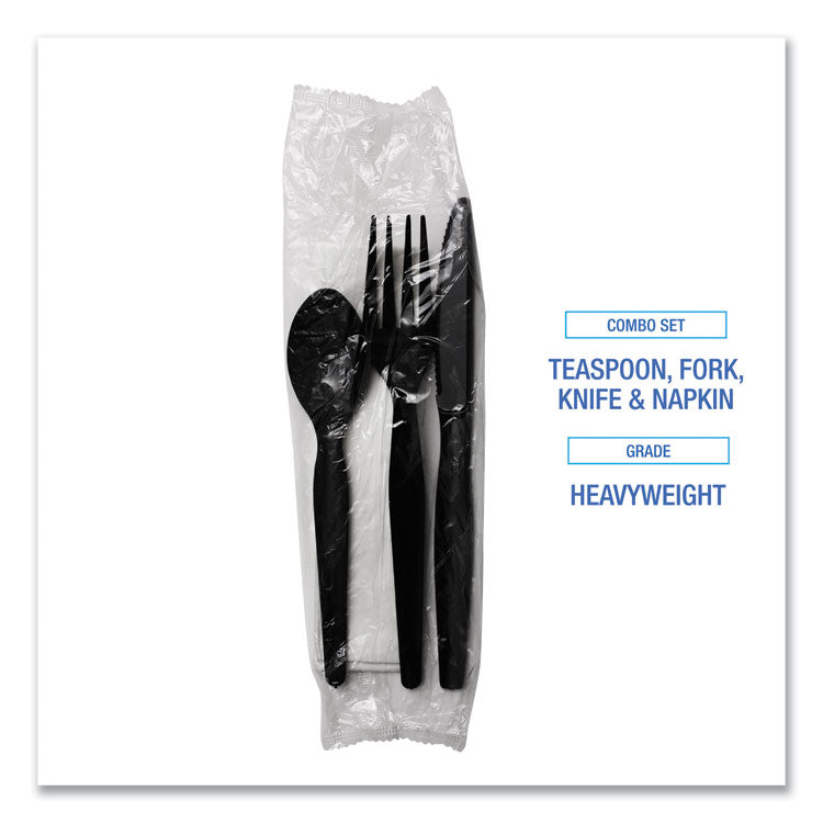 Four-Piece Cutlery Kit, Heavyweight, Fork/Knife/Napkin/Spoon, Plastic, Black, 250/Carton