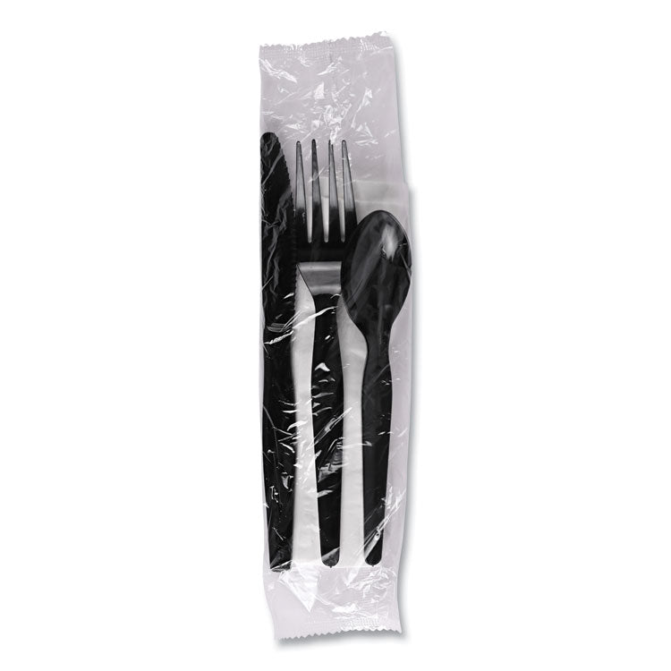 Four-Piece Cutlery Kit, Mediumweight, Fork/Knife/Napkin/Spoon, Plastic, Black, 250/Carton