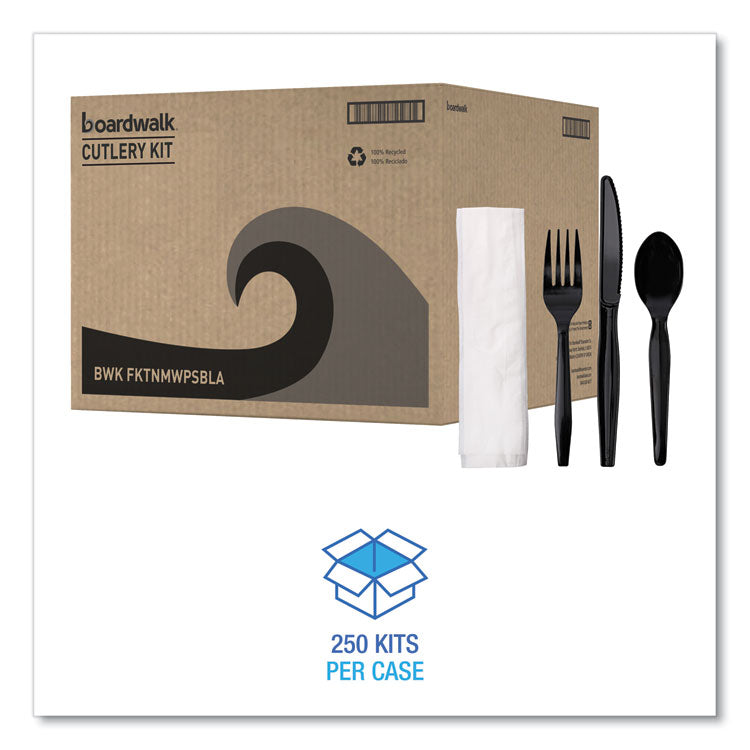 Four-Piece Cutlery Kit, Mediumweight, Fork/Knife/Napkin/Spoon, Plastic, Black, 250/Carton