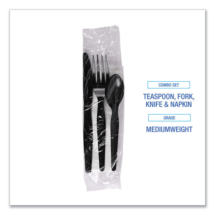 Four-Piece Cutlery Kit, Mediumweight, Fork/Knife/Napkin/Spoon, Plastic, Black, 250/Carton